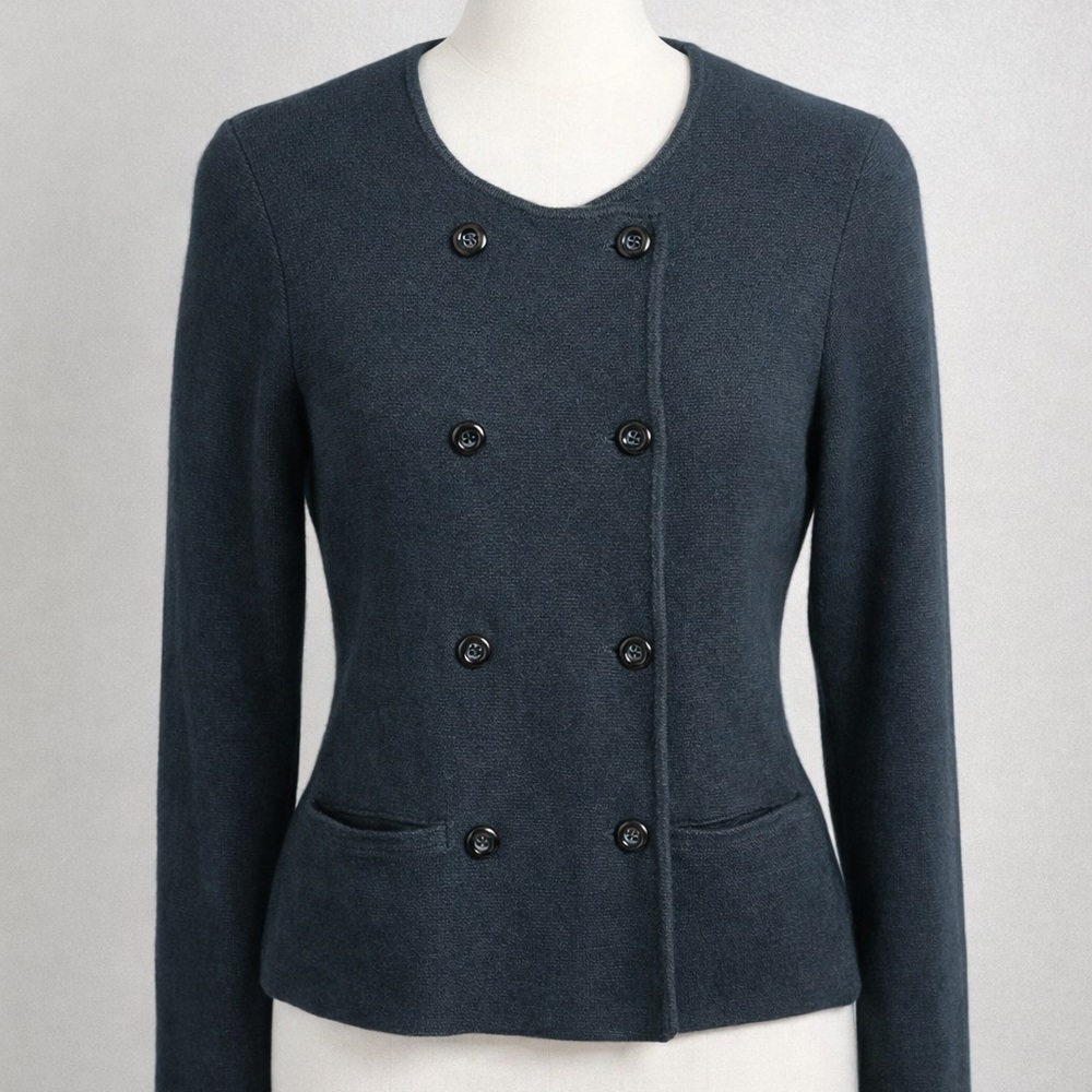 Ann Taylor Black Double Breasted Knit Jacket Cardigan Size L Classic Minimalist
